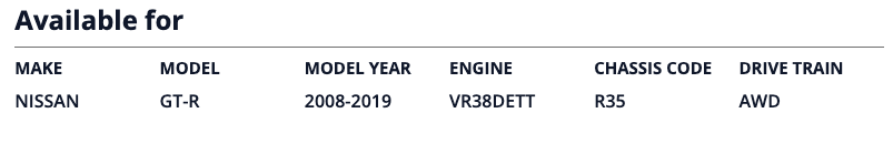 Technical specifications table for a Nissan GT-R model from 2008 to 2019.