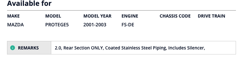 Technical specifications table for a Mazda Protege model from 2001-2003 with engine details.