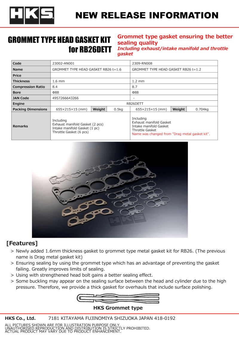 HKS RB26 88mm Bore 1.6mm Thick Grommet Type Head Gasket - HKS23002-AN001