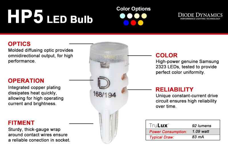 Diode Dynamics 194 LED Bulb HP5 LED Pure - White (Pair)