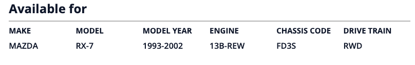 Technical specifications table for a Mazda RX-7 from 1993 to 2002.