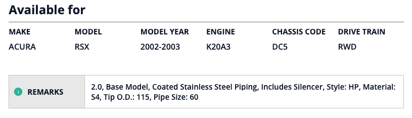 Technical specifications table for an Acura RSX from 2002-2003 with engine details.
