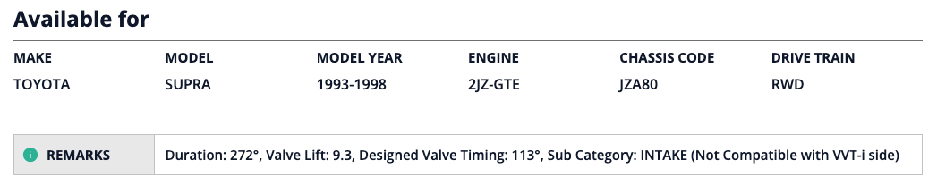 Technical specifications table for a Toyota Supra from 1993 to 1998, including make, model, year, engine, chassis code, and drive train.