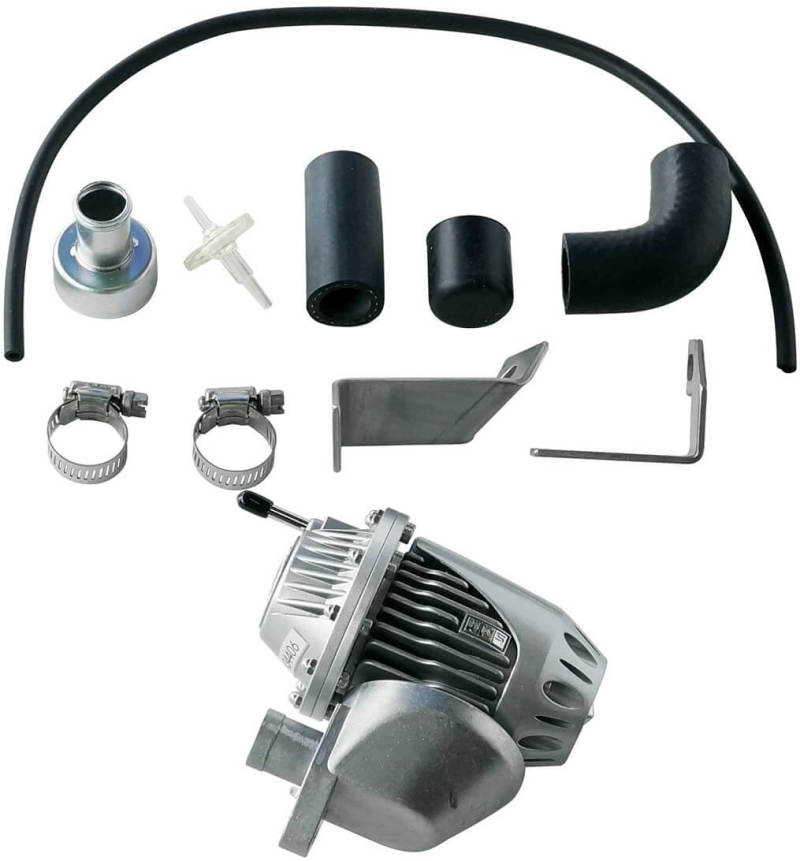 A blow off valve kit which includes a silver blow off valve, black fittings, and other components.